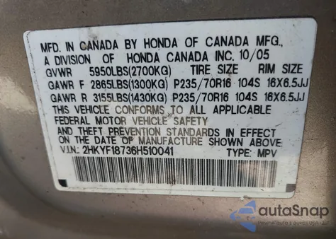 2006 Honda Pilot Ex-L из США, поврежденный, VIN 2HKYF18736H510041